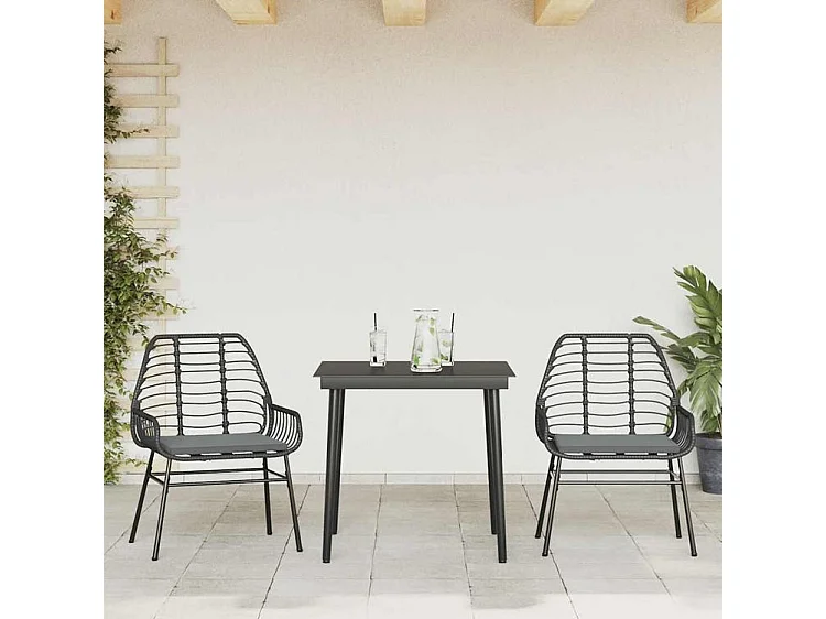 Ensemble à manger de jardin et coussins 3 pcs noir rotin verre