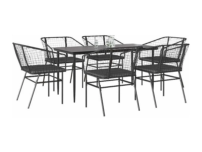 Ensemble à manger de jardin coussins 7pcs noir poly rotin verre