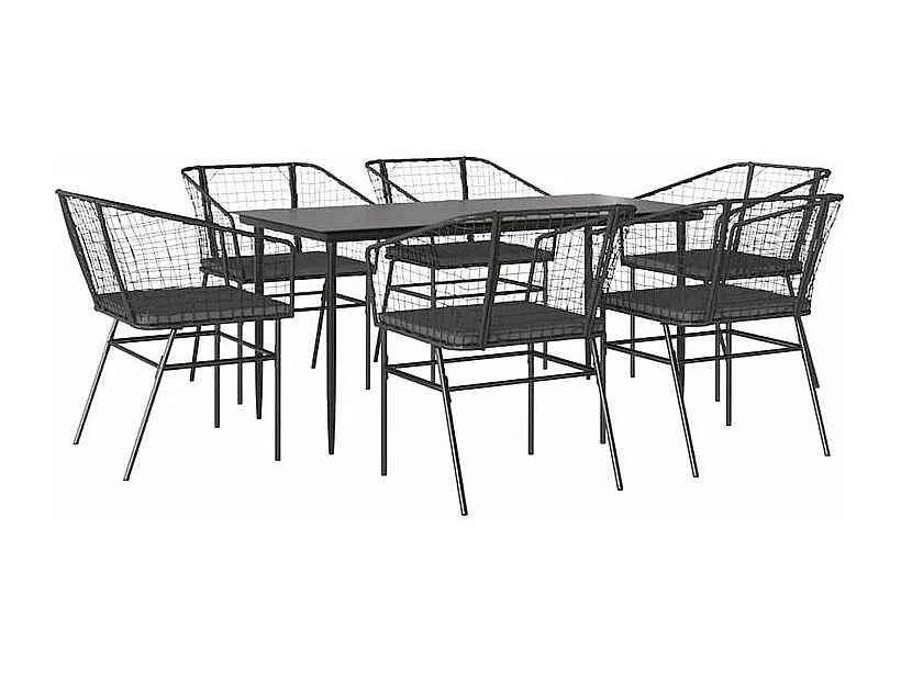 Ensemble à manger de jardin coussins 7pcs noir poly rotin verre