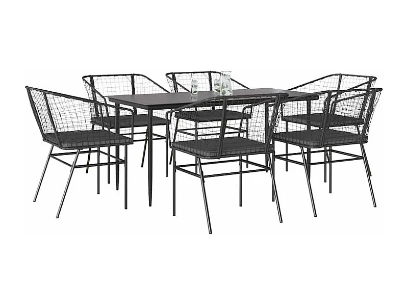 Ensemble à manger de jardin coussins 7pcs noir poly rotin verre