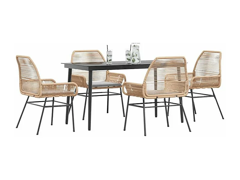 Ensemble à manger jardin coussins 5pcs marron poly rotin verre