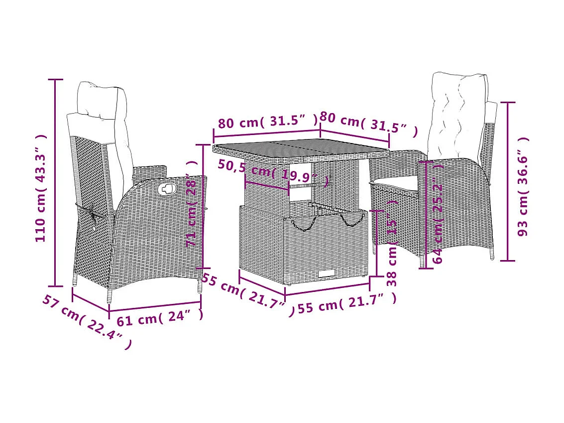 Ensemble à manger de jardin et coussins 3 pcs Beige poly rotin