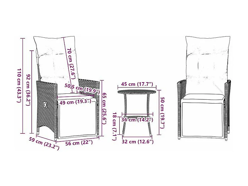 Ensemble de bistro 3 pcs avec coussins beige résine tressée