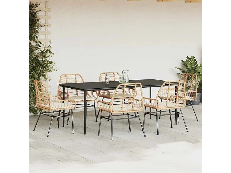 Ensemble à manger jardin coussins 7pcs marron rpoly otin verre