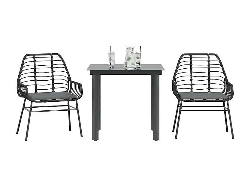 Ensemble à manger de jardin et coussins 3 pcs noir rotin verre