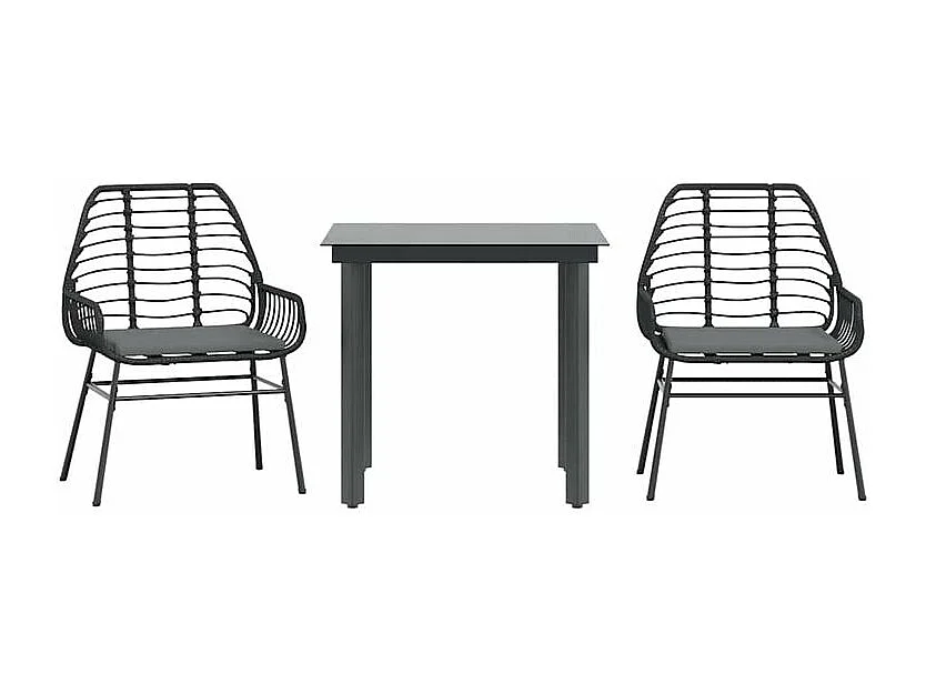 Ensemble à manger de jardin et coussins 3 pcs noir rotin verre
