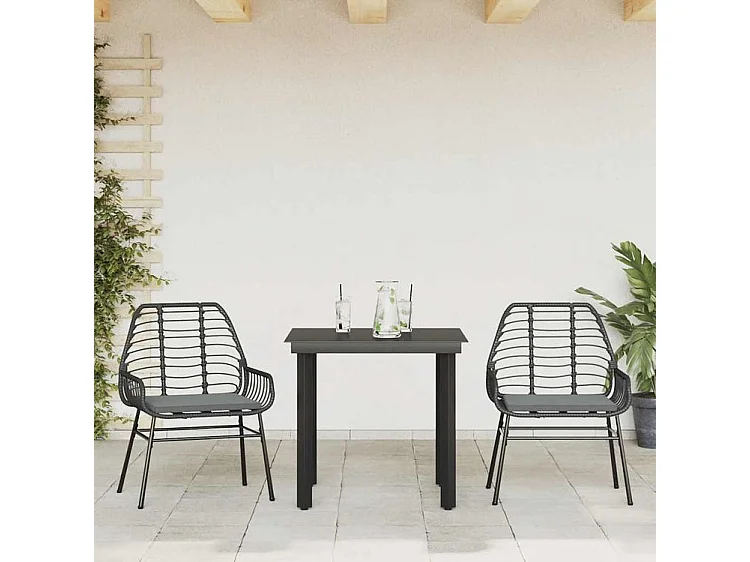 Ensemble à manger de jardin et coussins 3 pcs noir rotin verre