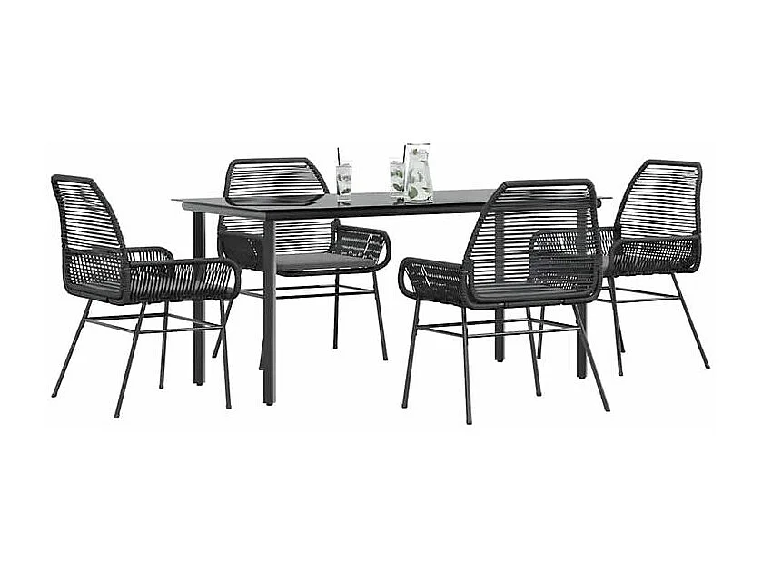Ensemble à manger de jardin et coussins 5 pcs noir rotin verre