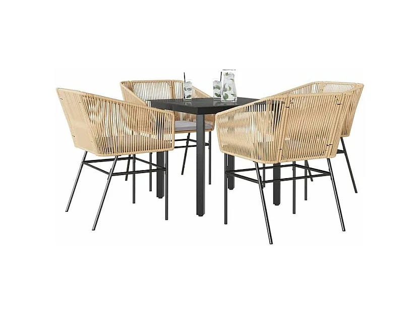 Ensemble à manger jardin coussins 5pcs marron poly rotin verre