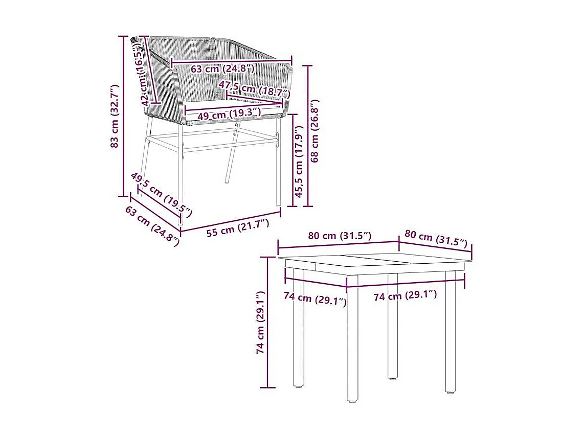 Ensemble à manger jardin coussins 5pcs marron poly rotin verre