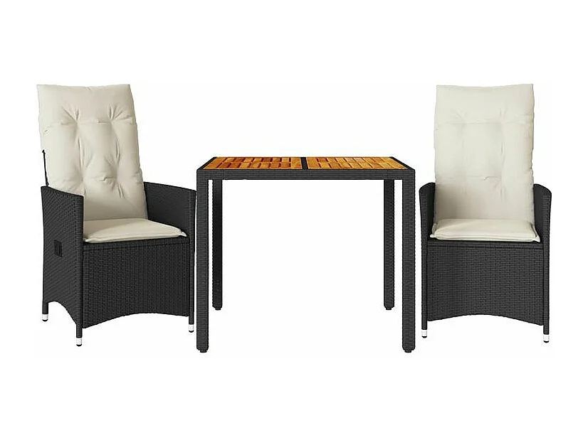 Ensemble de bistro 3 pcs et coussins noir résine tressée acacia