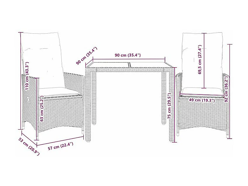 Ensemble de bistro 3 pcs et coussins noir résine tressée acacia