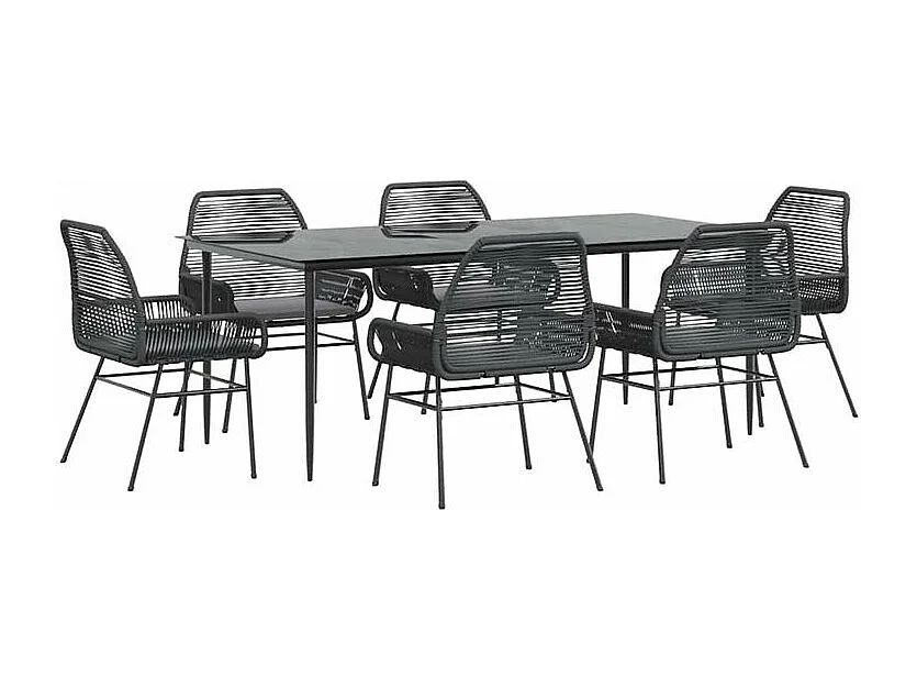 Ensemble à manger de jardin coussins 7pcs noir poly rotin verre