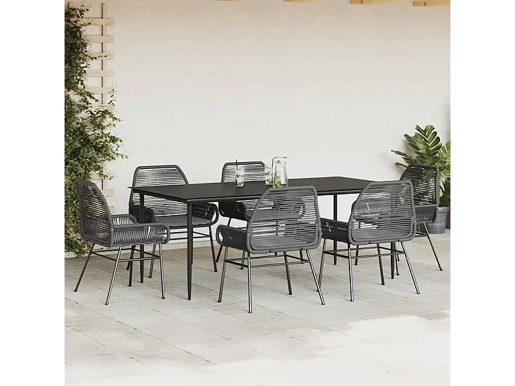 Ensemble à manger de jardin coussins 7pcs noir poly rotin verre