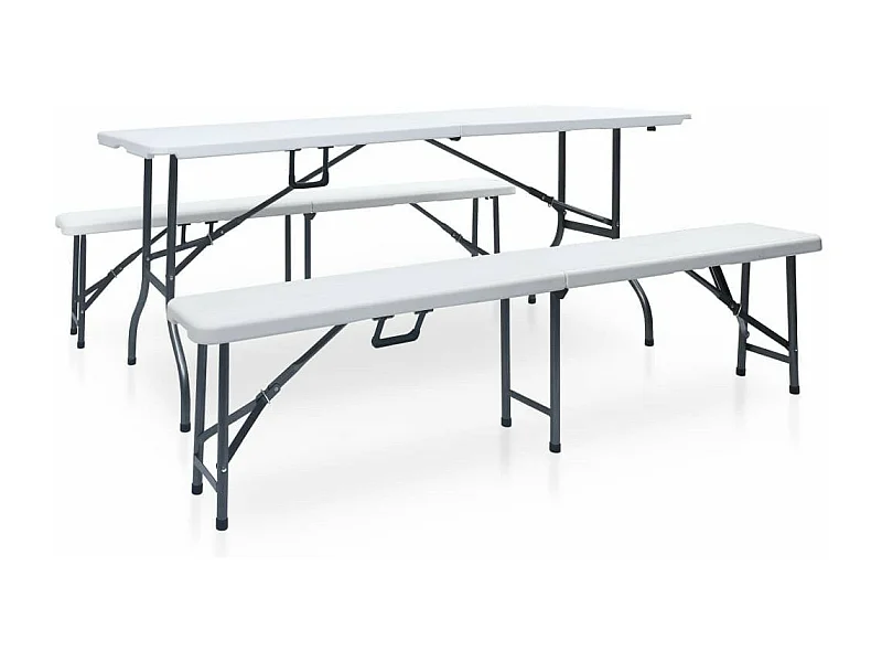 Table pliable de jardin avec 2 bancs 180cm Acier et PEHD Blanc