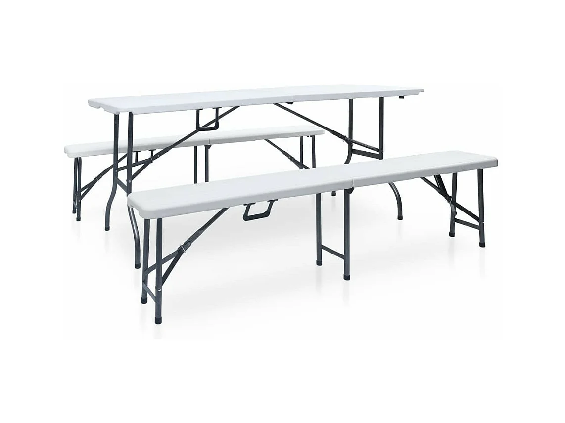 Table pliable de jardin avec 2 bancs 180cm Acier et PEHD Blanc