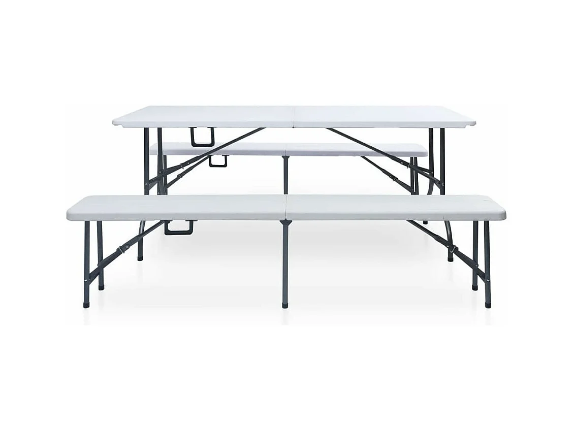 Table pliable de jardin avec 2 bancs 180cm Acier et PEHD Blanc