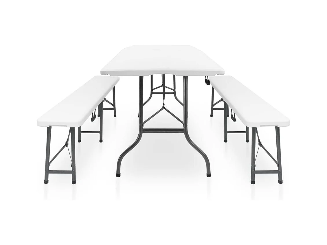 Table pliable de jardin avec 2 bancs 180cm Acier et PEHD Blanc