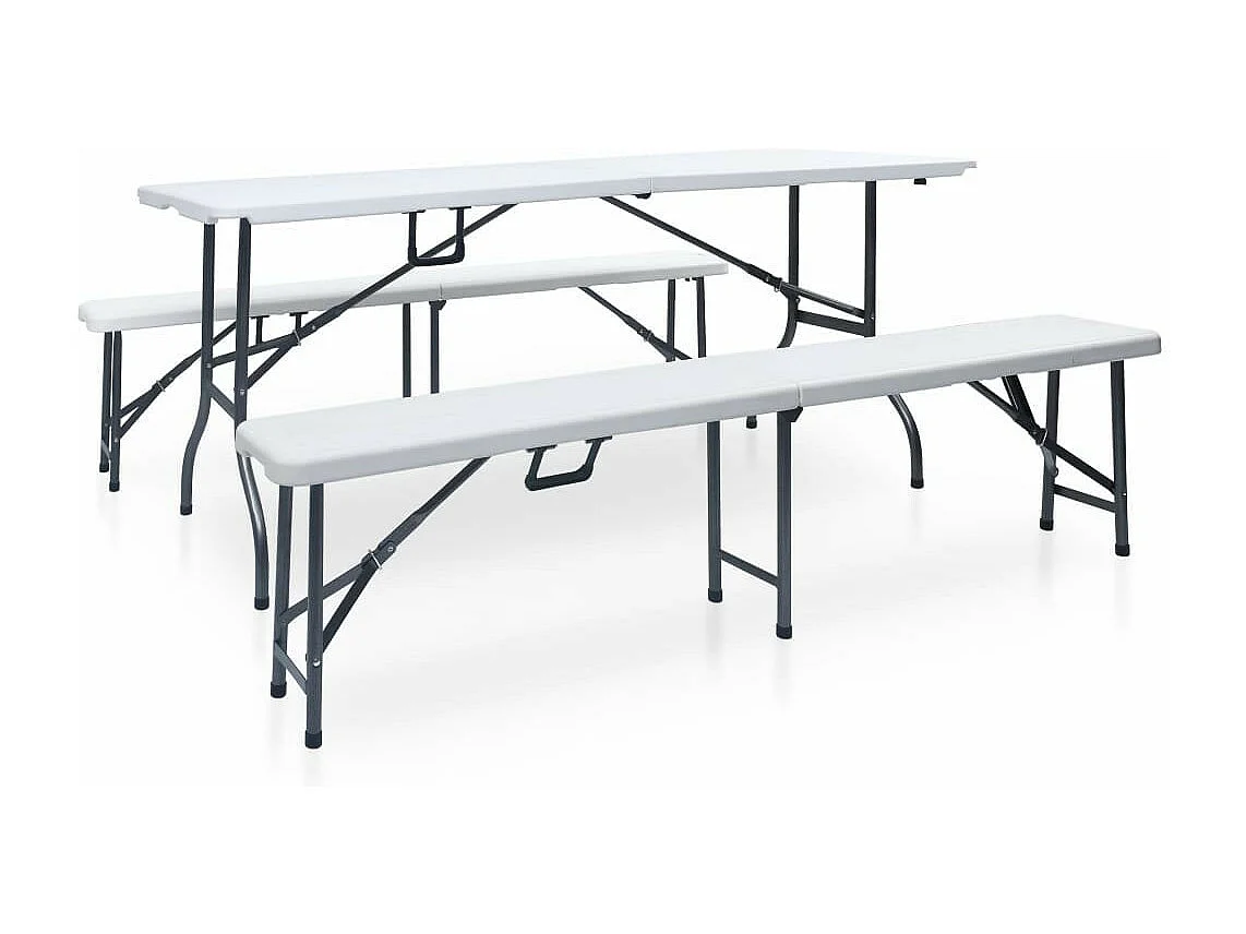 Table pliable de jardin avec 2 bancs 180cm Acier et PEHD Blanc