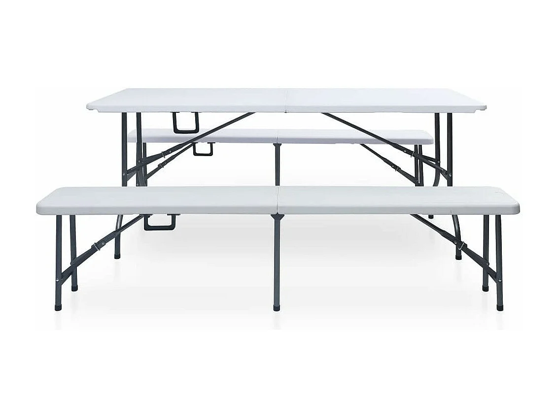 Table pliable de jardin avec 2 bancs 180cm Acier et PEHD Blanc