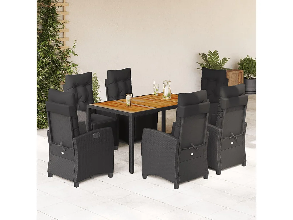 Ensemble à manger de jardin coussins 7pcs Noir Résine tressée
