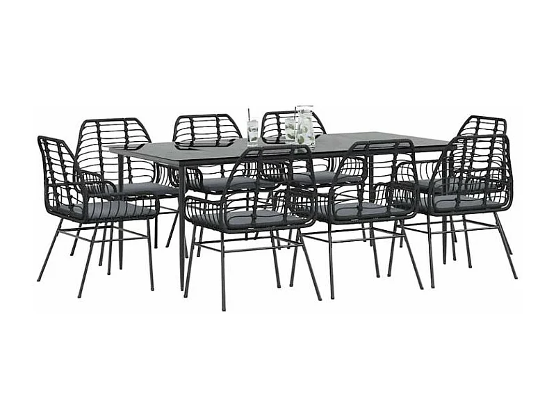 Ensemble à manger de jardin coussins 9pcs noir poly rotin verre