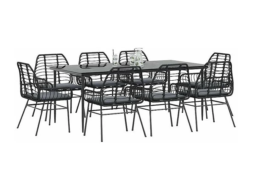 Ensemble à manger de jardin coussins 9pcs noir poly rotin verre