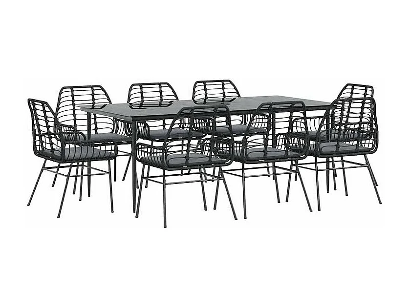 Ensemble à manger de jardin coussins 9pcs noir poly rotin verre