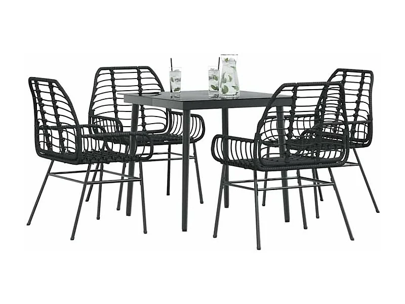 Ensemble à manger de jardin 5 pcs noir résine tressée verre