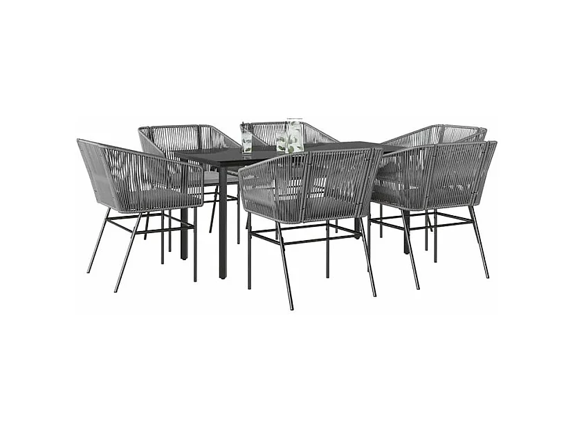 Ensemble à manger jardin coussins 7 pcs gris poly rotin verre