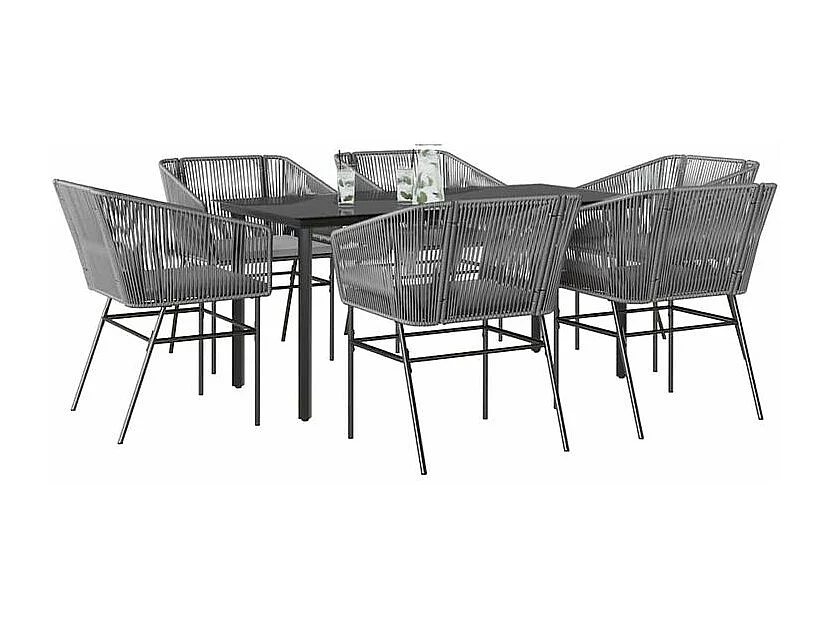 Ensemble à manger jardin coussins 7 pcs gris poly rotin verre