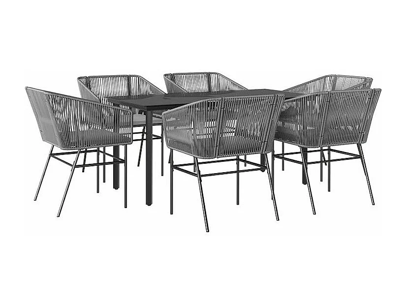 Ensemble à manger jardin coussins 7 pcs gris poly rotin verre