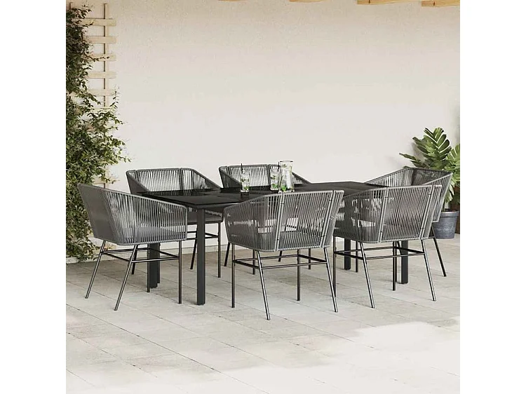 Ensemble à manger jardin coussins 7 pcs gris poly rotin verre