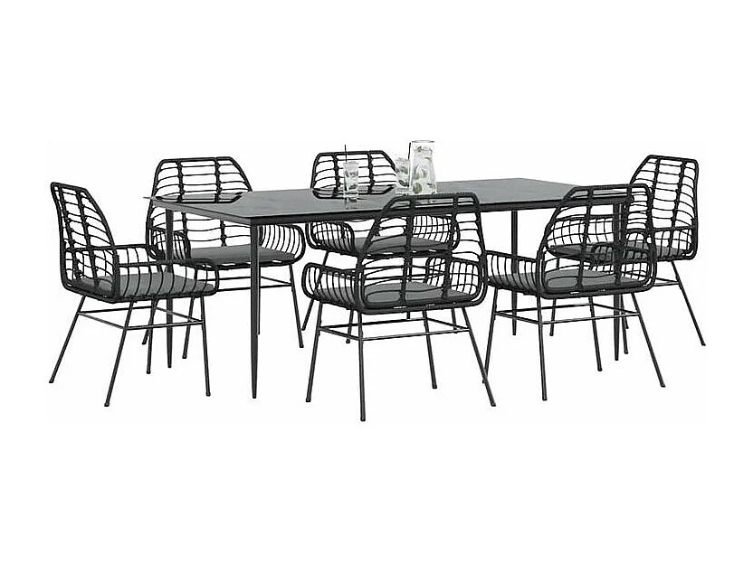 Ensemble à manger de jardin coussins 7pcs noir poly rotin verre