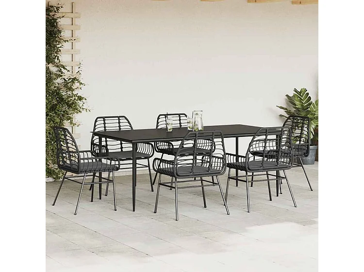 Ensemble à manger de jardin coussins 7pcs noir poly rotin verre