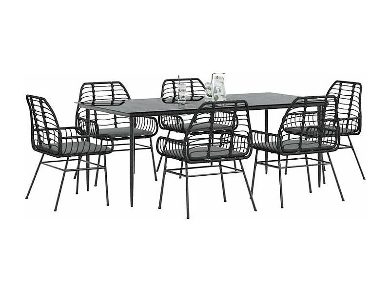Ensemble à manger de jardin coussins 7pcs noir poly rotin verre