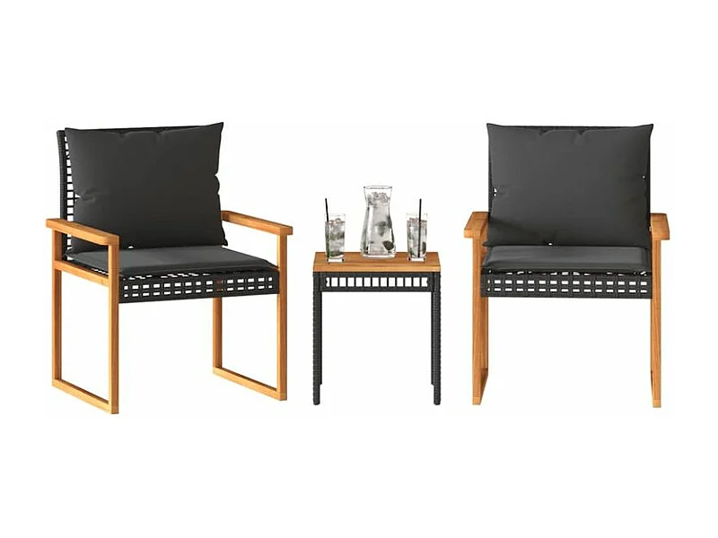 Ensemble de bistro 3 pcs et coussins noir résine tressée acacia