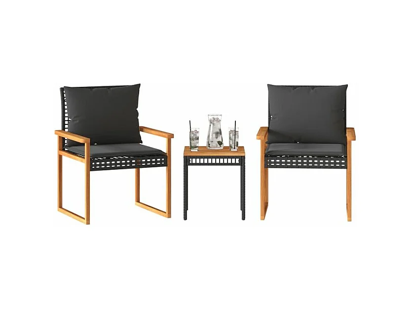 Ensemble de bistro 3 pcs et coussins noir résine tressée acacia