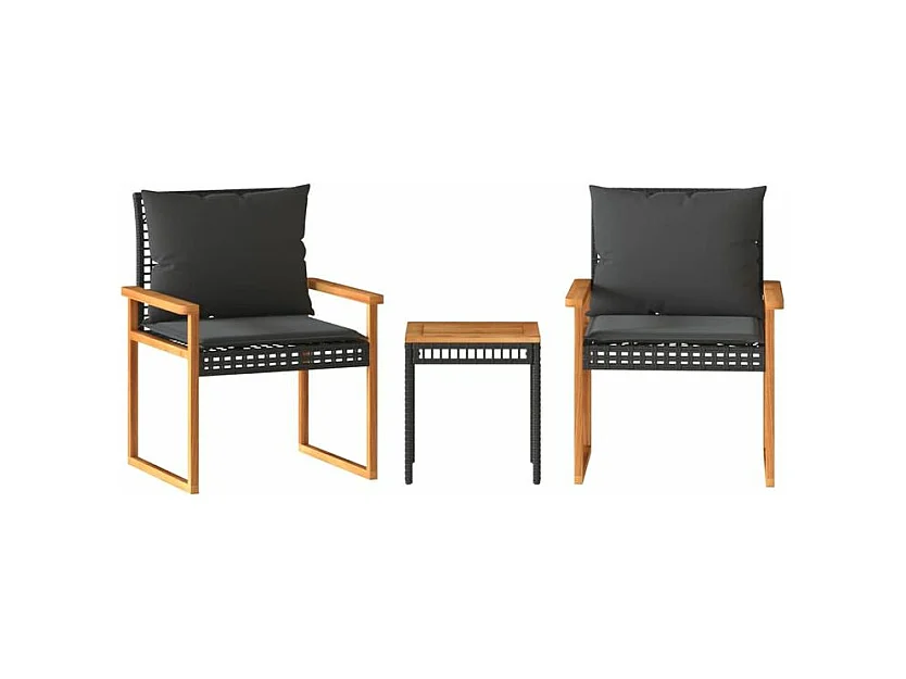 Ensemble de bistro 3 pcs et coussins noir résine tressée acacia