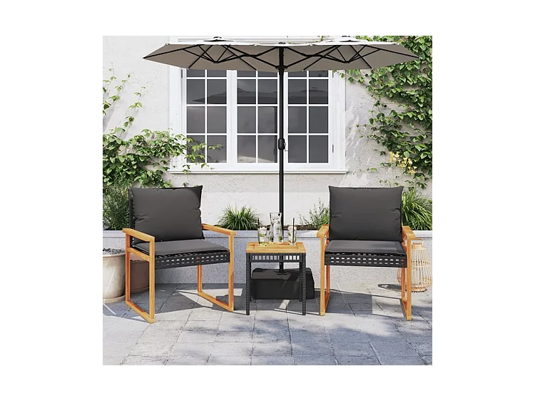 Ensemble de bistro 3 pcs et coussins noir résine tressée acacia
