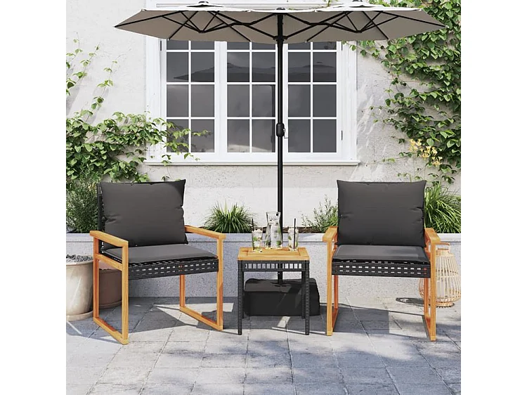 Ensemble de bistro 3 pcs et coussins noir résine tressée acacia