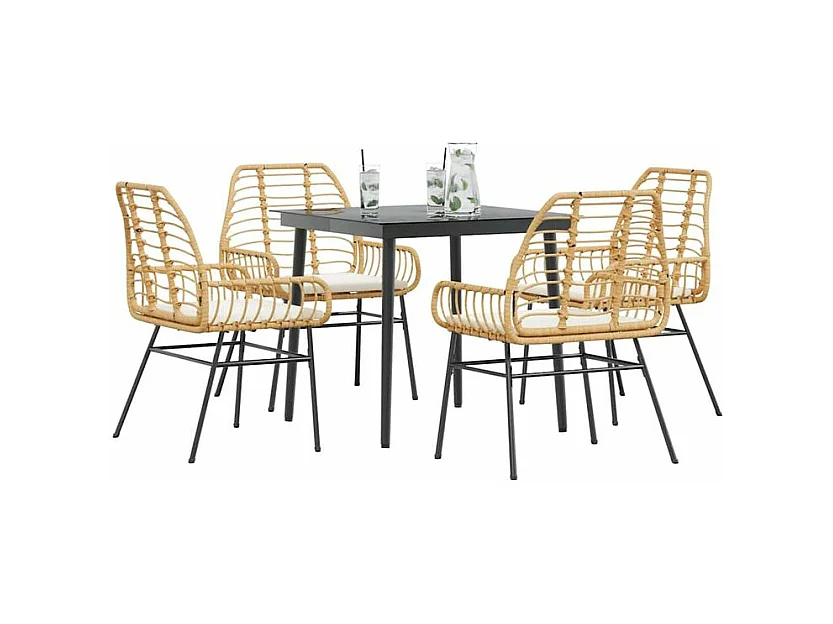 Ensemble à manger jardin coussins 5pcs marron poly rotin verre