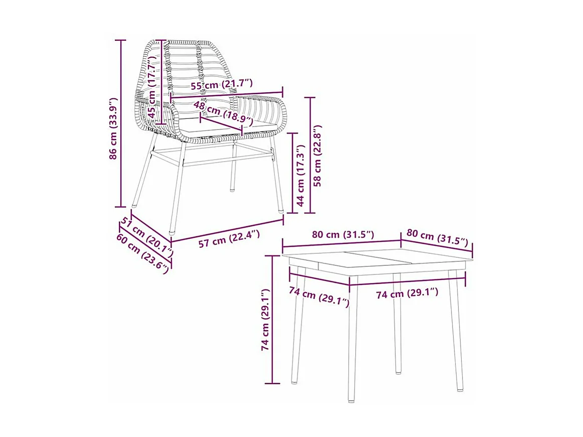 Ensemble à manger jardin coussins 5pcs marron poly rotin verre
