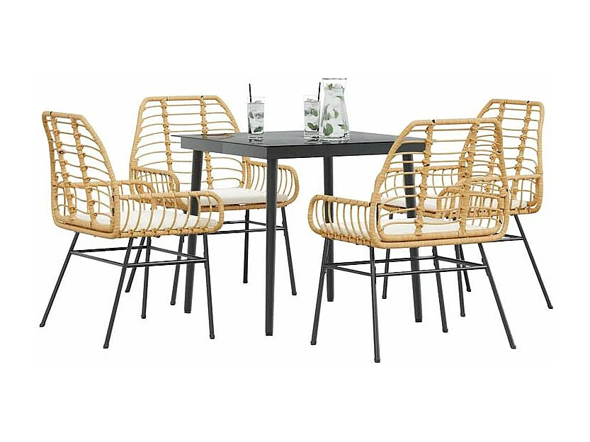 Ensemble à manger jardin coussins 5pcs marron poly rotin verre