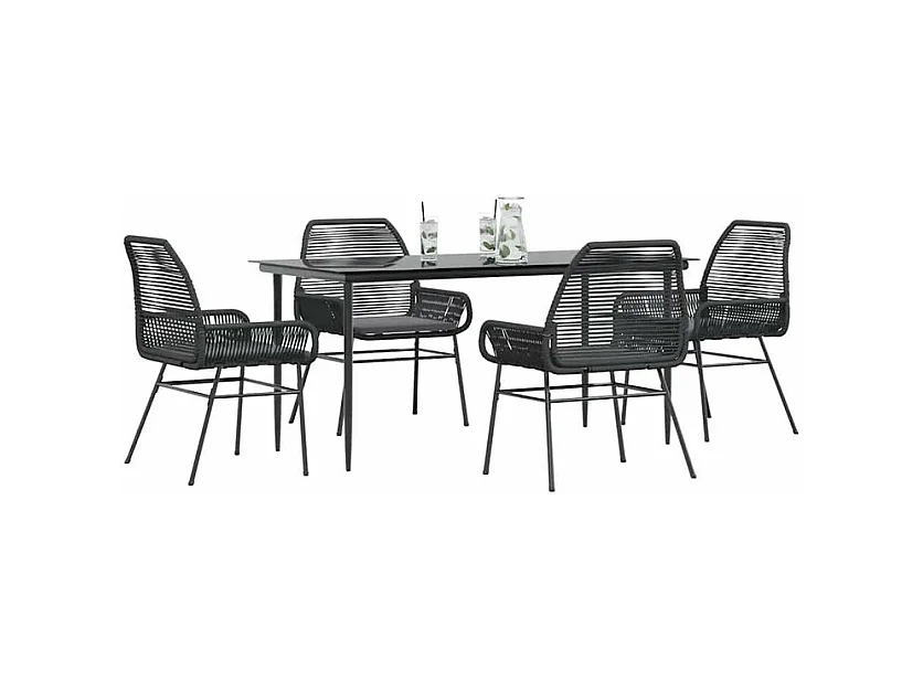 Ensemble à manger de jardin et coussins 5 pcs noir rotin verre