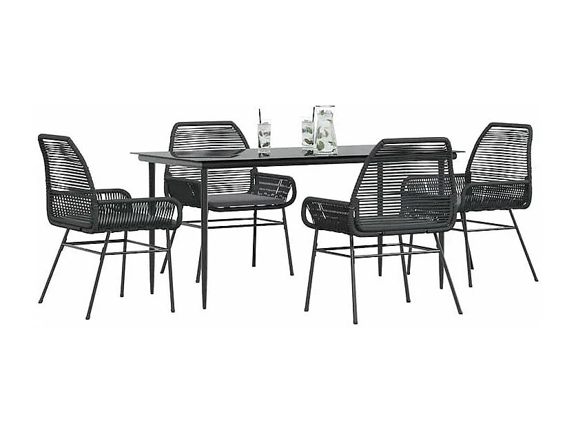 Ensemble à manger de jardin et coussins 5 pcs noir rotin verre