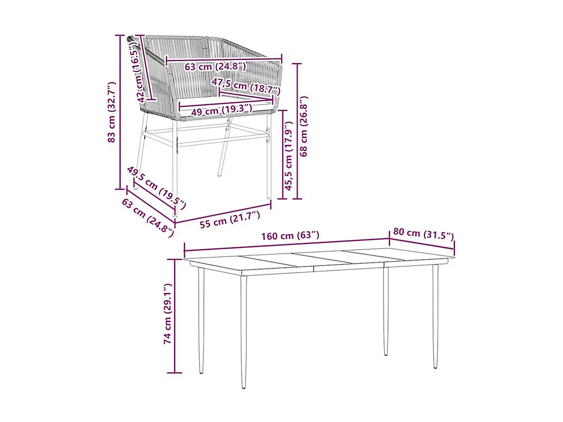 Ensemble à manger jardin coussins 5pcs marron poly rotin verre
