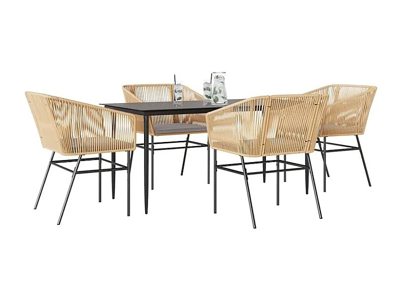 Ensemble à manger jardin coussins 5pcs marron poly rotin verre