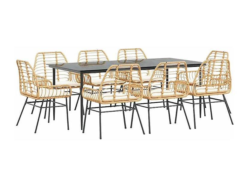 Ensemble à manger jardin coussins 9pcs marron poly rotin verre