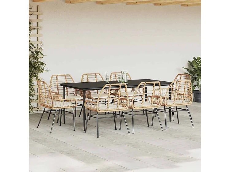 Ensemble à manger jardin coussins 9pcs marron poly rotin verre